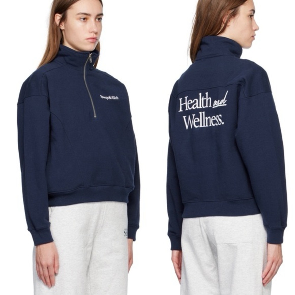 Sporty & Rich Navy 1/4 Zip New Health Pullover Sweatshirt Sweater Small